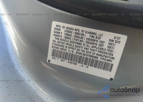 2007 Honda Odyssey Ex-L z USA, uszkodzony, nr VIN 5FNRL38797B083506